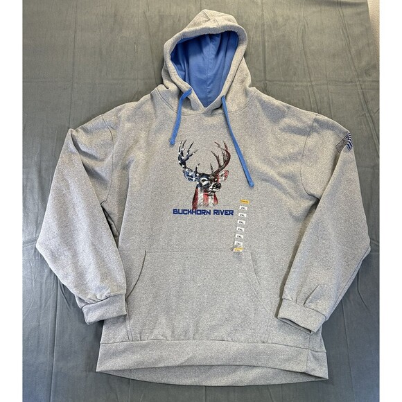Buckhorn River Hooded Sweatshirt Men's 2XL Gray Patriotic Flag Deer Hunting NEW - Picture 1 of 10